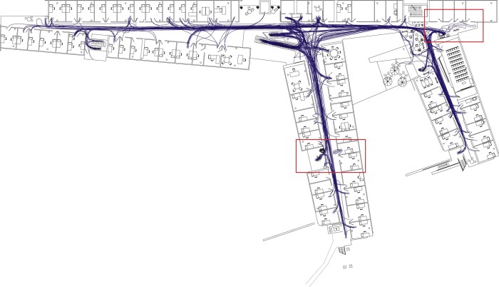 Movement traces in the Research Institute captured through direct observations over fixed periods of time; the two areas of particular interest are marked in red
