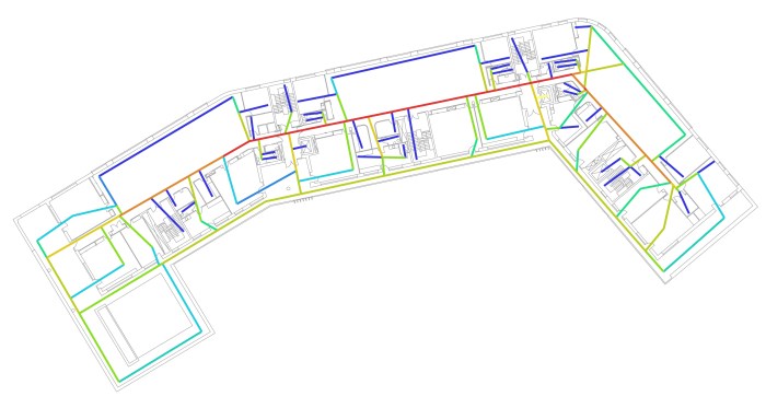 Floor plan with lines drawn along main movement connections and corridors coloured according to a centrality algorithm in warm colours (high choice) and cool colours (low choice)